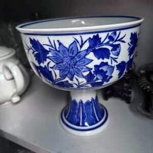 Blue and White Floral Pedestal Bowl